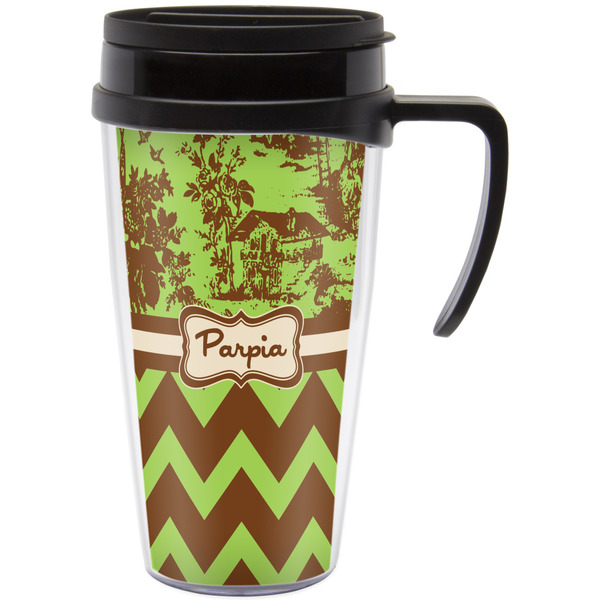 Custom Green & Brown Toile & Chevron Acrylic Travel Mug with Handle (Personalized)