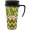 Green & Brown Toile & Chevron Travel Mug with Black Handle - Front