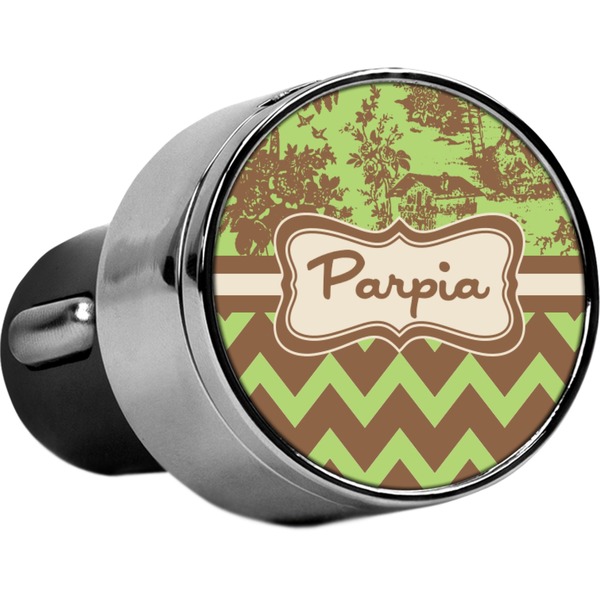 Custom Green & Brown Toile & Chevron USB Car Charger (Personalized)