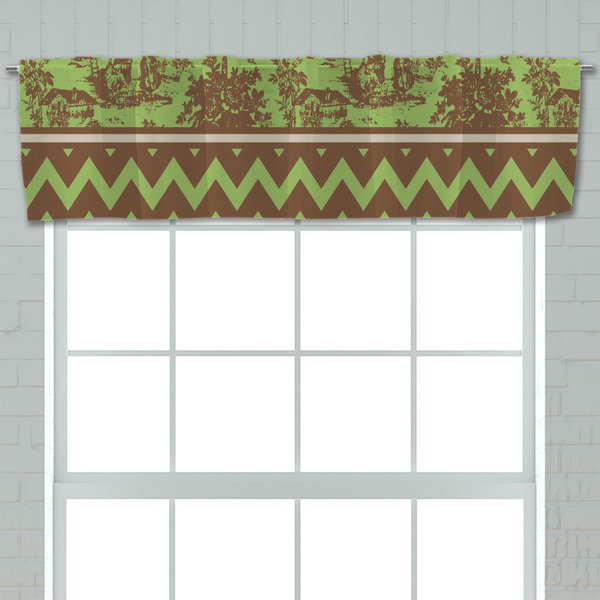 Green & Brown Toile & Chevron Valance - Closeup on window