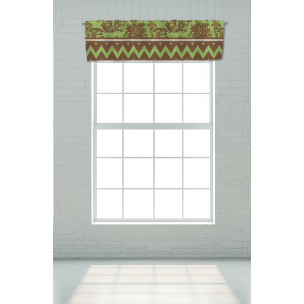 Green & Brown Toile & Chevron Valance - On window