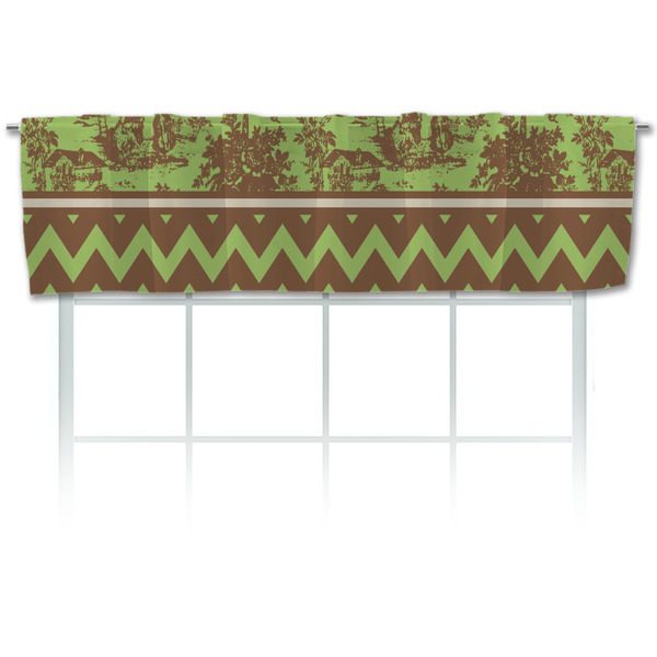 Custom Green & Brown Toile & Chevron Valance
