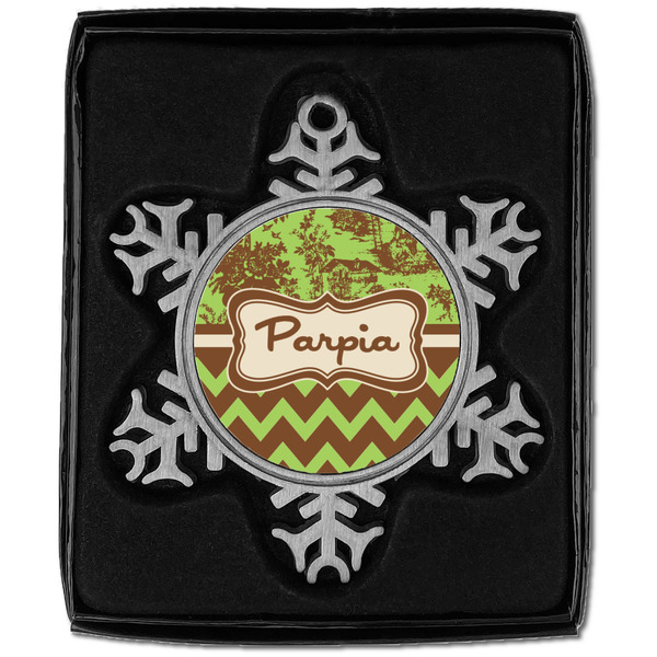 Green & Brown Toile & Chevron Vintage Snowflake - In box