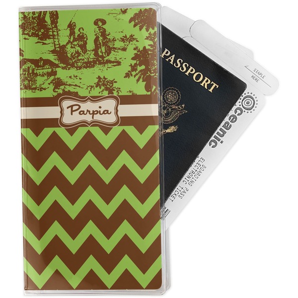 Custom Green & Brown Toile & Chevron Travel Document Holder