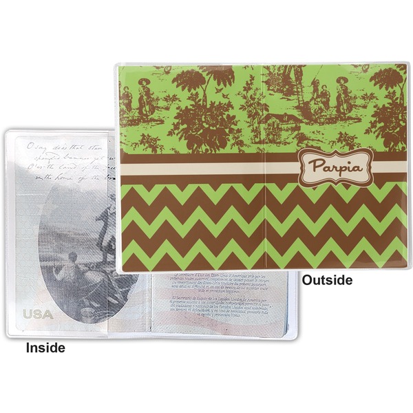 Green & Brown Toile & Chevron Vinyl Passport Holder - Flat Front and Back