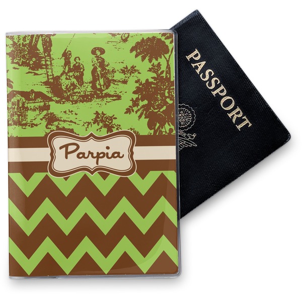 Custom Green & Brown Toile & Chevron Vinyl Passport Holder (Personalized)