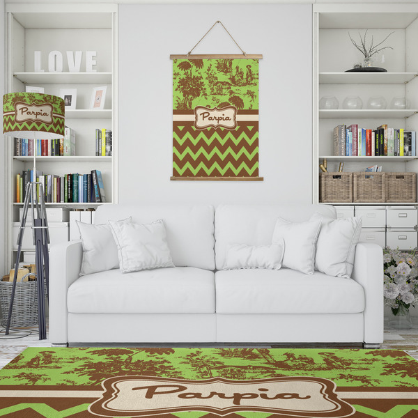 Green & Brown Toile & Chevron Wall Hanging Tapestry - Portrait - IN CONTEXT