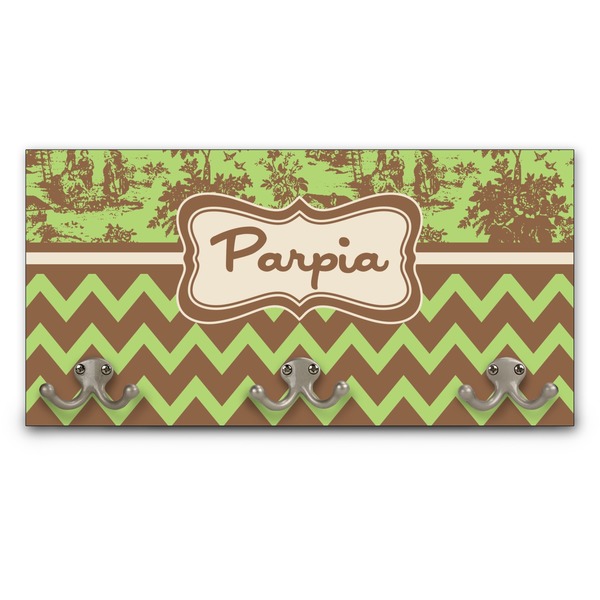 Custom Green & Brown Toile & Chevron Wall Mounted Coat Rack (Personalized)