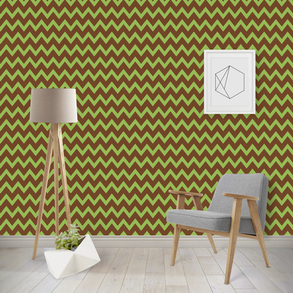 Custom Green & Brown Toile & Chevron Wallpaper & Surface Covering (Water Activated - Removable)