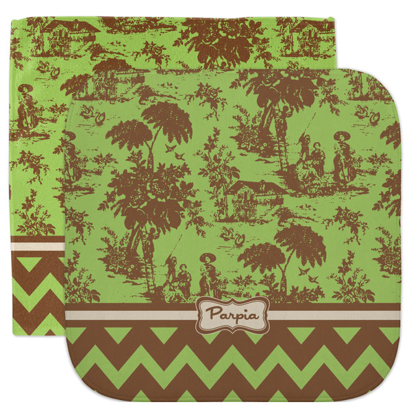Custom Green & Brown Toile & Chevron Facecloth / Wash Cloth (Personalized)