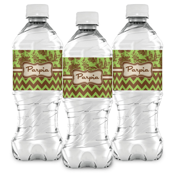 Green & Brown Toile & Chevron Water Bottle Labels - Front View