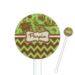 Green & Brown Toile & Chevron 5.5" Round Plastic Stir Sticks - White - Single Sided (Personalized)