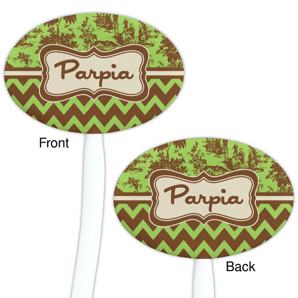 Green & Brown Toile & Chevron White Plastic 7" Stir Stick - Double Sided - Oval - Front & Back