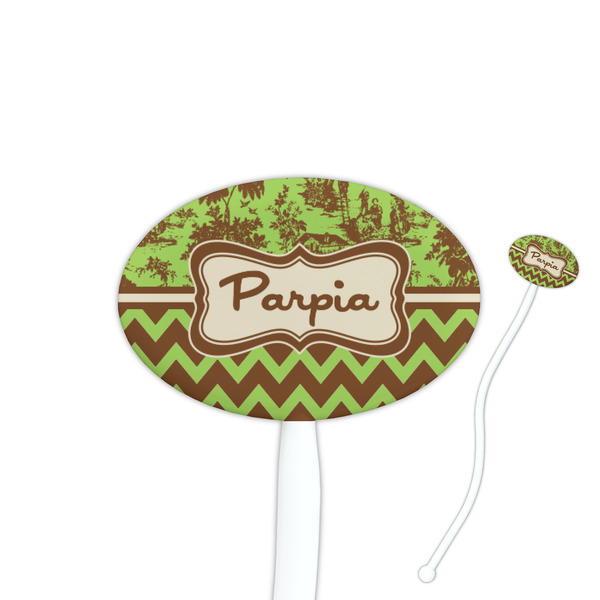Custom Green & Brown Toile & Chevron 7" Oval Plastic Stir Sticks - White - Double Sided (Personalized)