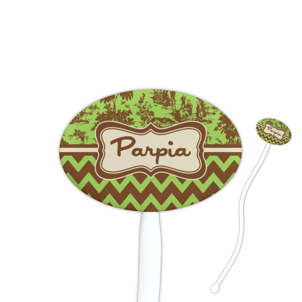 Custom Green & Brown Toile & Chevron Oval Plastic Stir Sticks (Personalized)