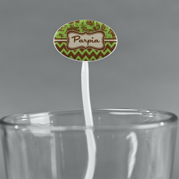 Green & Brown Toile & Chevron White Plastic 7" Stir Stick - Oval - Main