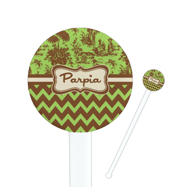 Custom Green & Brown Toile & Chevron 7" Round Plastic Stir Sticks - White - Single Sided (Personalized)