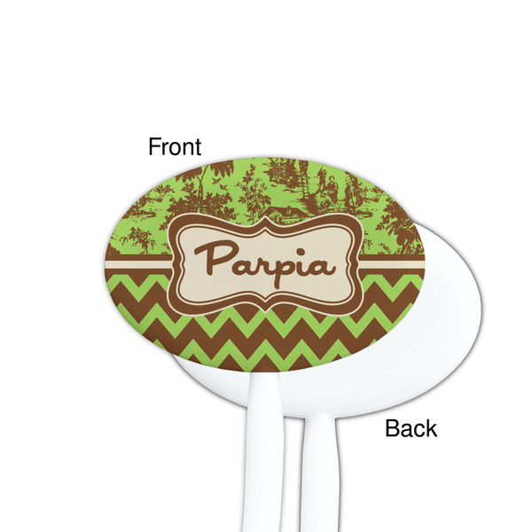 Green & Brown Toile & Chevron White Plastic 7" Stir Stick - Single Sided - Oval - Front & Back