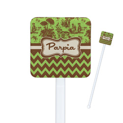 Green & Brown Toile & Chevron Square Plastic Stir Sticks - Double Sided (Personalized)