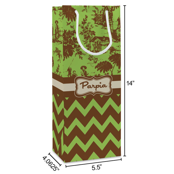 Green & Brown Toile & Chevron Wine Gift Bag - Dimensions