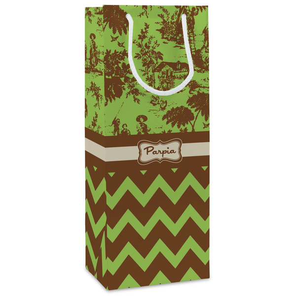 Custom Green & Brown Toile & Chevron Wine Gift Bags (Personalized)