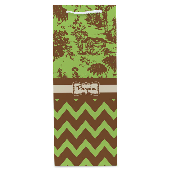 Green & Brown Toile & Chevron Wine Gift Bag - Matte - Front