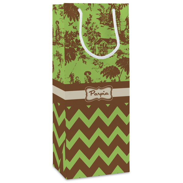 Custom Green & Brown Toile & Chevron Wine Gift Bags - Matte (Personalized)