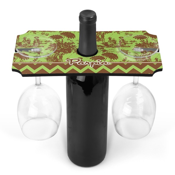 Custom Green & Brown Toile & Chevron Wine Bottle & Glass Holder (Personalized)