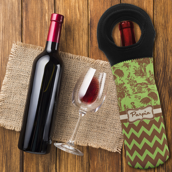 Green & Brown Toile & Chevron Wine Tote Bag - FLATLAY