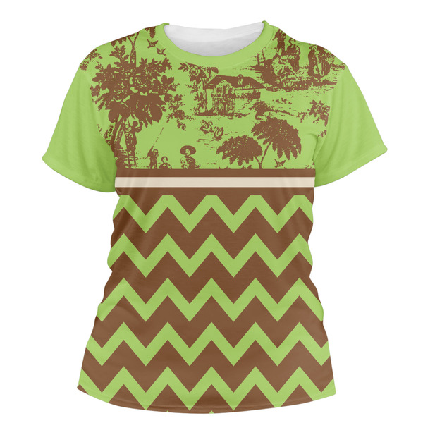 Custom Green & Brown Toile & Chevron Women's Crew T-Shirt - X Large