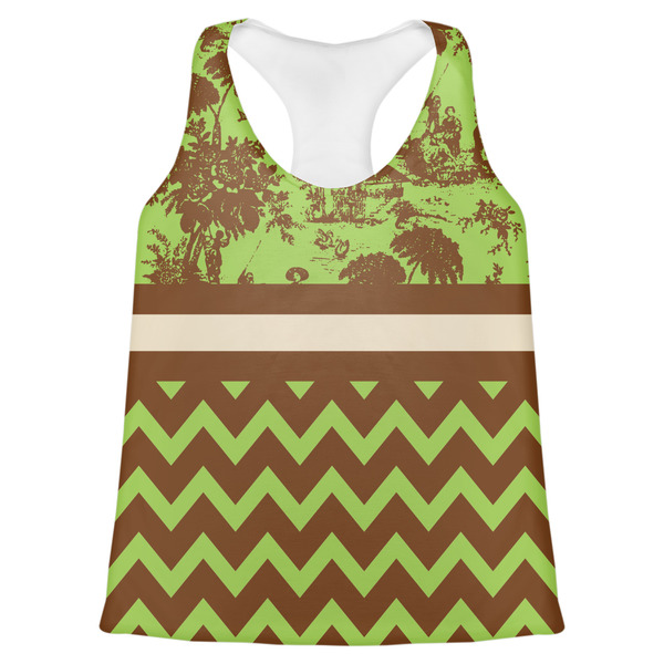 Custom Green & Brown Toile & Chevron Womens Racerback Tank Top - 2X Large