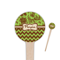 Green & Brown Toile & Chevron 4" Round Wooden Food Picks - Single Sided (Personalized)
