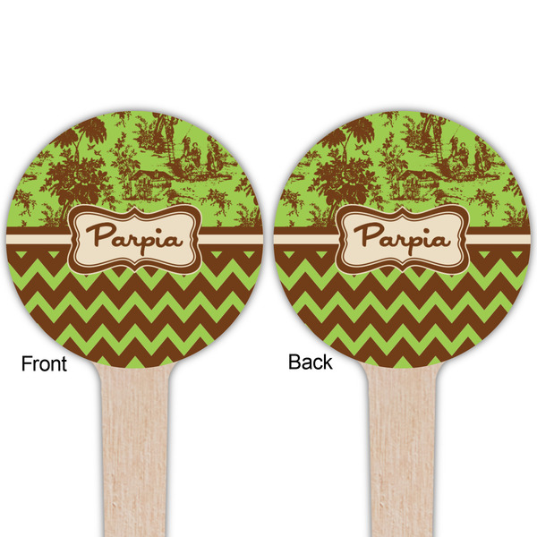 Green & Brown Toile & Chevron Wooden 4" Food Pick - Round - Double Sided - Front & Back