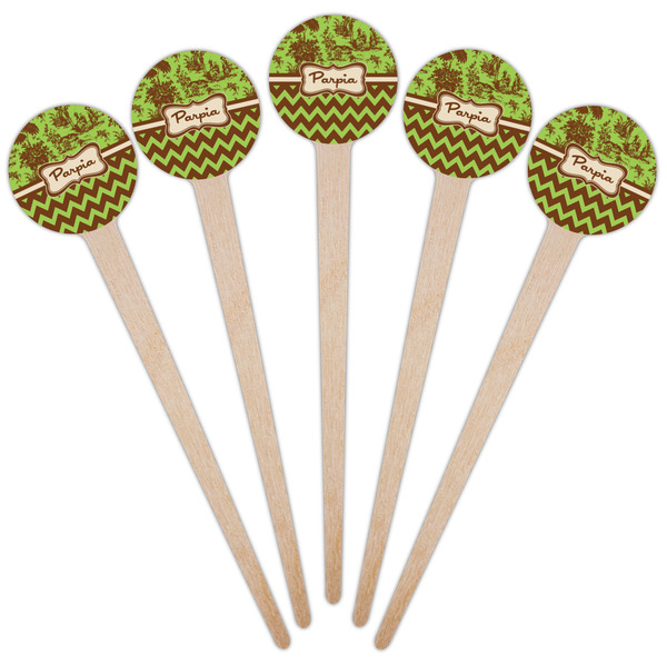 Green & Brown Toile & Chevron Wooden 4" Food Pick - Round - Fan View