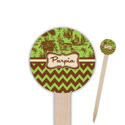 Green & Brown Toile & Chevron 6" Round Wooden Food Picks - Double Sided (Personalized)