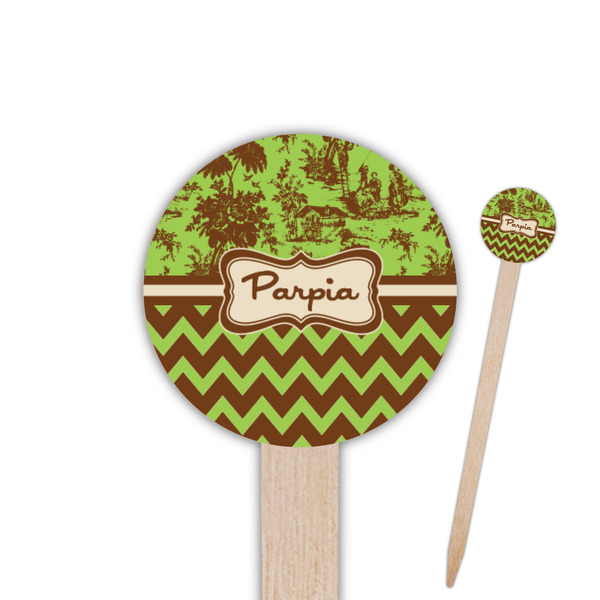 Custom Green & Brown Toile & Chevron Round Wooden Food Picks (Personalized)