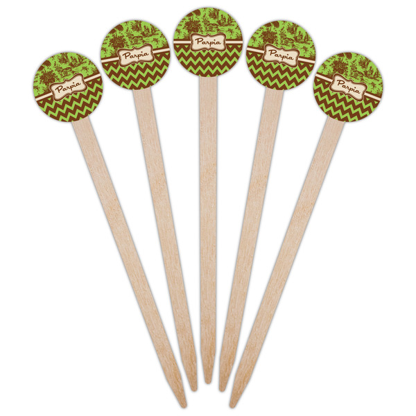 Green & Brown Toile & Chevron Wooden 6" Food Pick - Round - Fan View