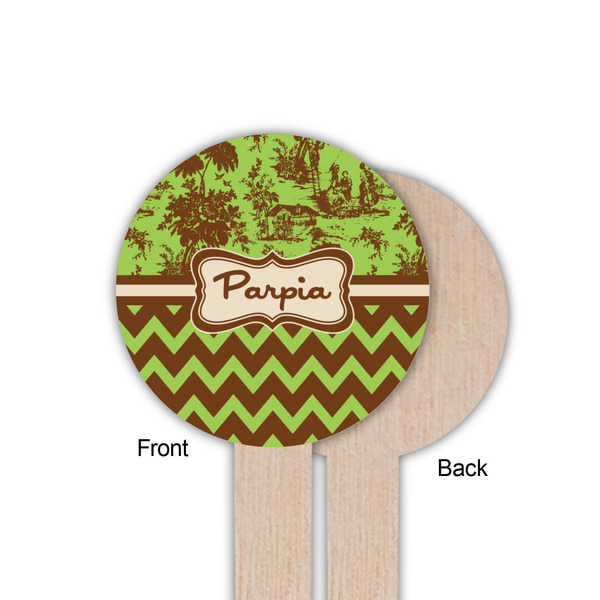 Green & Brown Toile & Chevron Wooden 6" Food Pick - Round - Single Sided - Front & Back