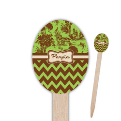 Green & Brown Toile & Chevron Oval Wooden Food Picks - Single Sided (Personalized)