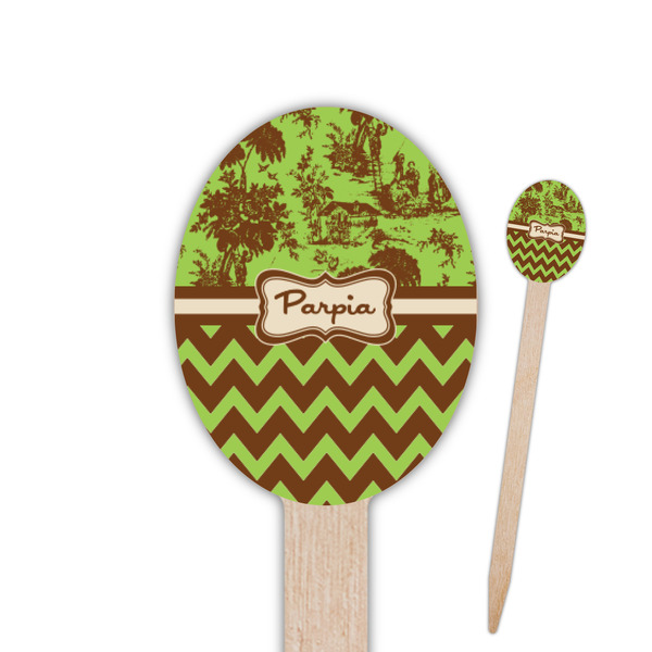 Custom Green & Brown Toile & Chevron Oval Wooden Food Picks - Single Sided (Personalized)