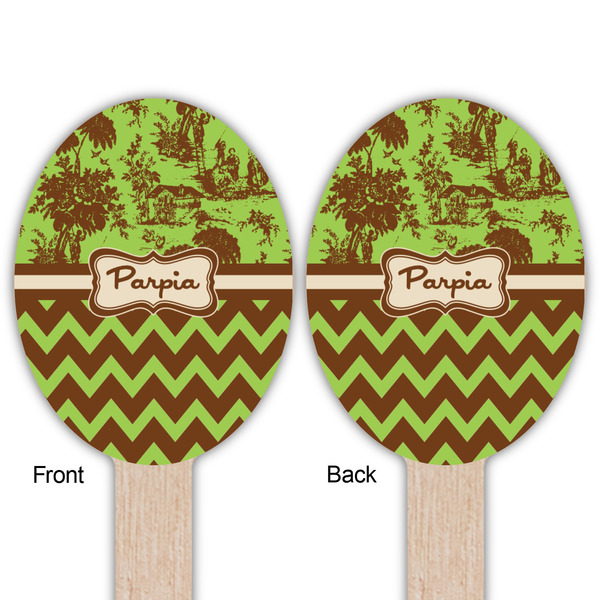Green & Brown Toile & Chevron Wooden Food Pick - Oval - Double Sided - Front & Back
