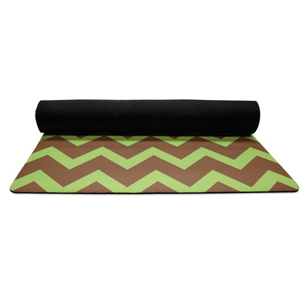 Green & Brown Toile & Chevron Yoga Mat Rolled up Black Rubber Backing