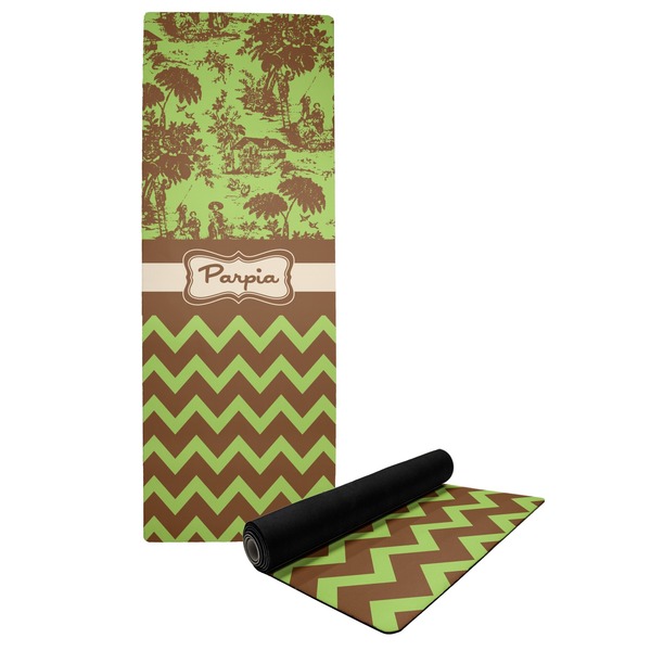 Custom Green & Brown Toile & Chevron Yoga Mat (Personalized)
