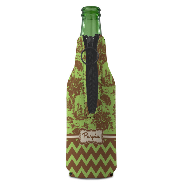 Green & Brown Toile & Chevron Zipper Bottle Cooler - BACK (bottle)