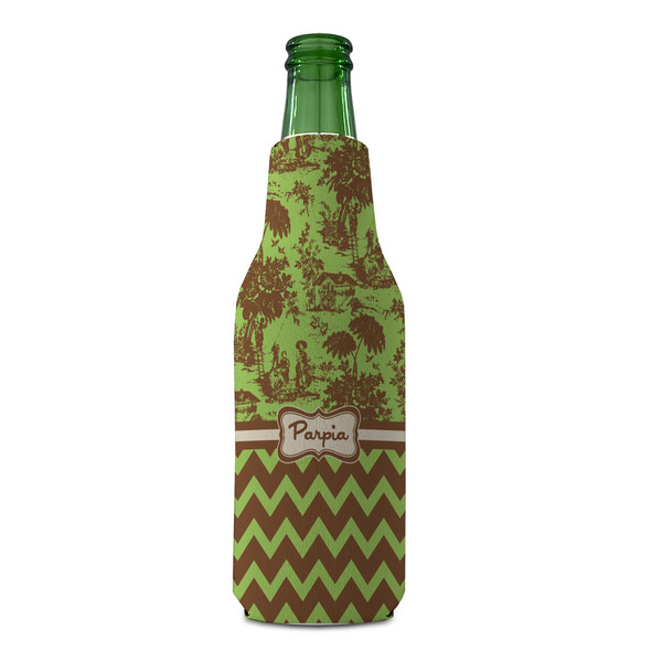 Green & Brown Toile & Chevron Zipper Bottle Cooler - FRONT (bottle)