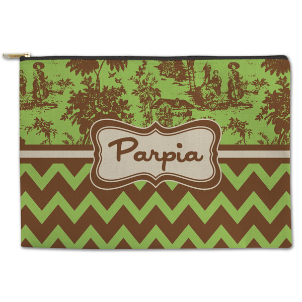 Custom Green & Brown Toile & Chevron Zipper Pouch - Large - 12.5"x8.5" (Personalized)