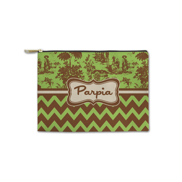 Custom Green & Brown Toile & Chevron Zipper Pouch - Small - 8.5"x6" (Personalized)