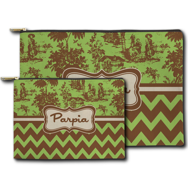Green & Brown Toile & Chevron Zippered Pouches - Size Comparison