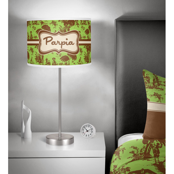 Green & Brown Toile 13 inch drum lamp shade - in room