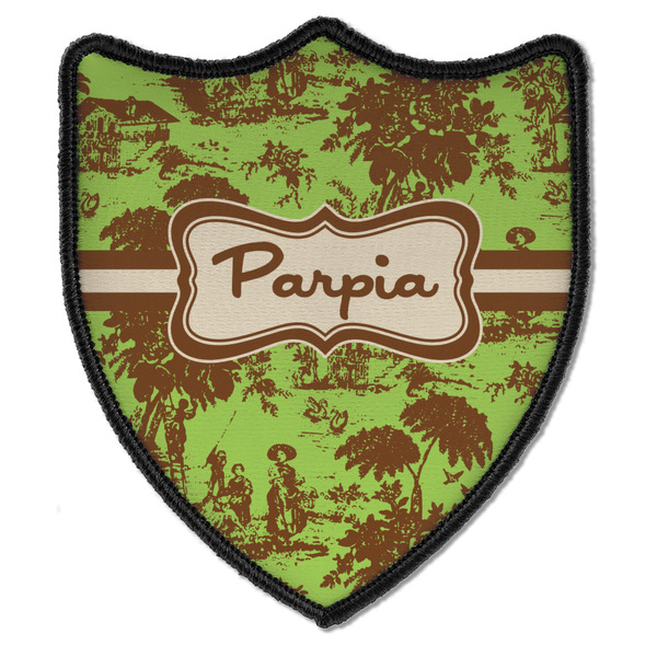 Custom Green & Brown Toile Iron On Shield Patch B w/ Name or Text